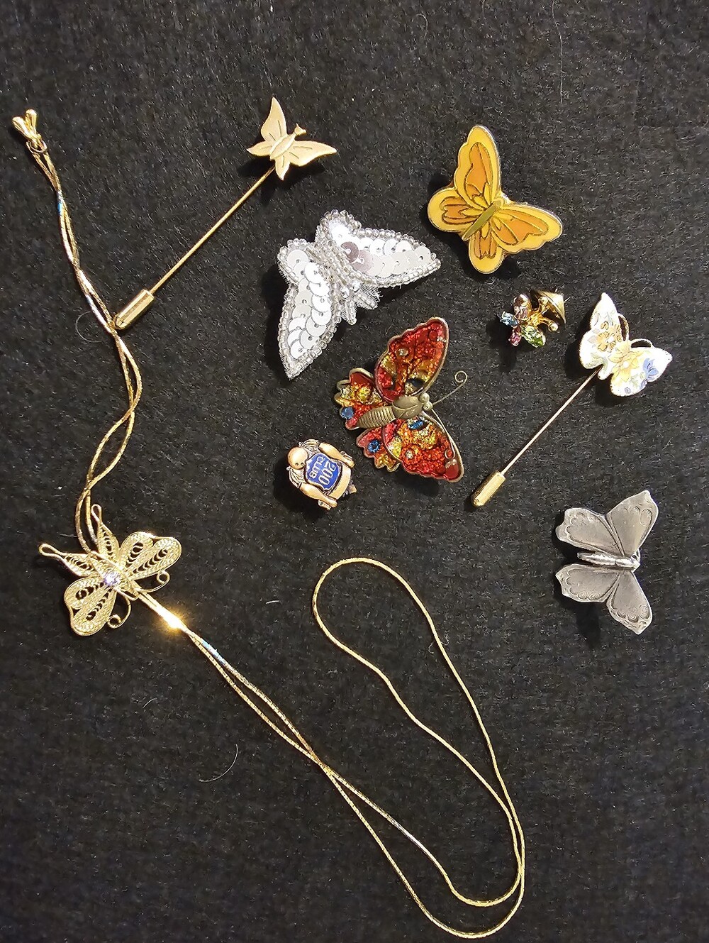 Vintage Butterfly Pendant Necklace and Assorted Butterfly Pins